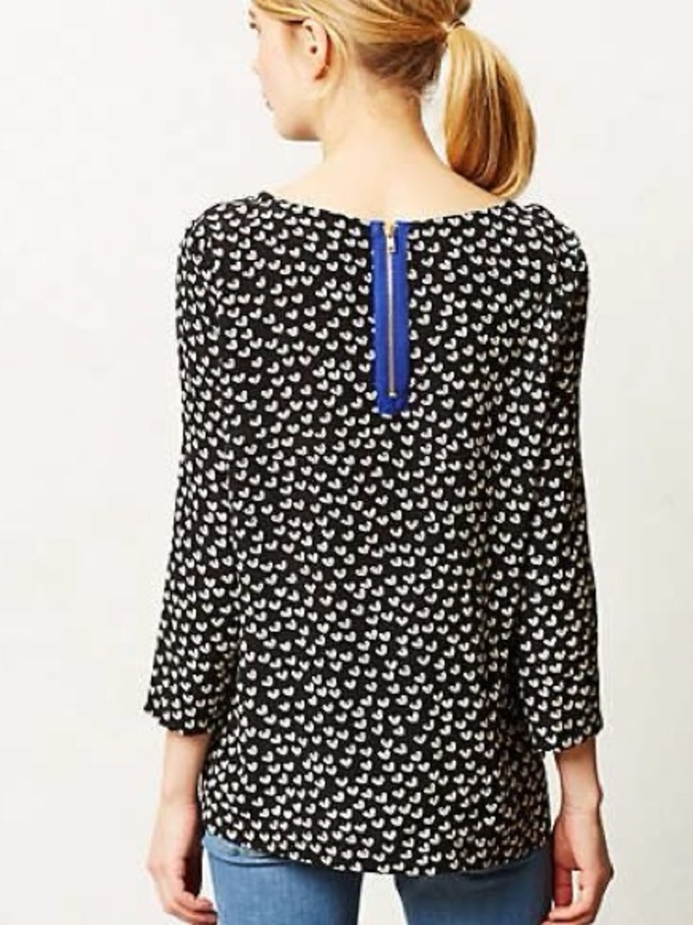 Maeve Anthropologie 100% Silk Heart Print Blouse Blue Zip 3/4 Sleeve Medium